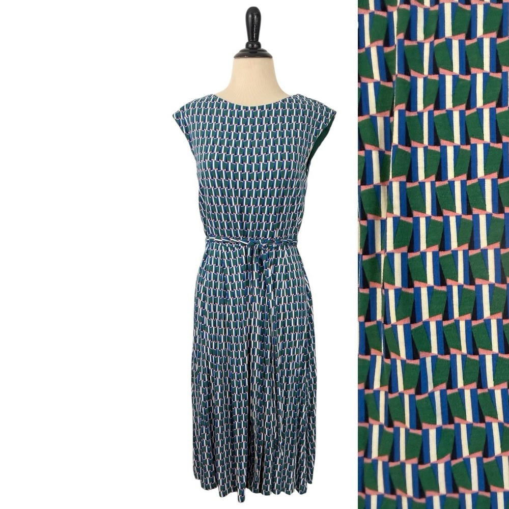 BODEN Geometric Print Midi DRESS US 8 Fit Flare Knit Green Belt Preppy Office